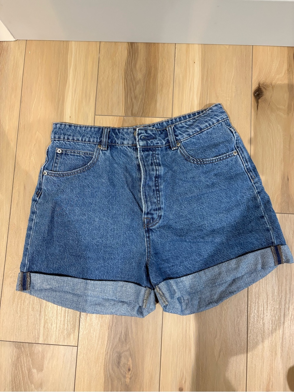 stradivarius Blue Denim High-Rise Rolled Hem Shorts